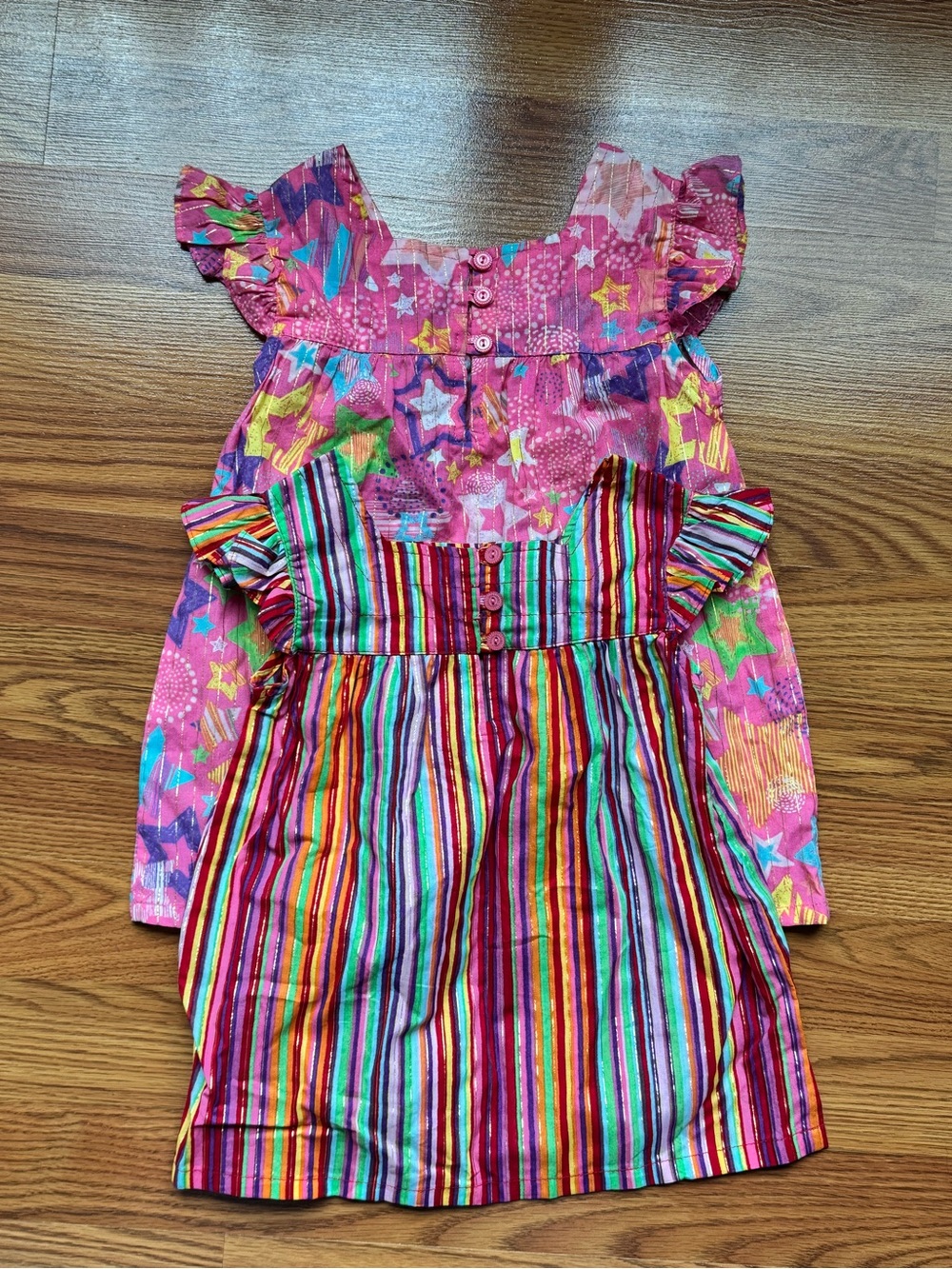 Girls Colorful Stripe & Star Dress Duo - Pink Multicolor